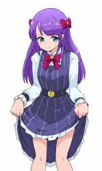 Rule 34 | 1girl, blue eyes, bow, bowtie, closed mouth, dress, embarrassed, frilled dress, frills, hair bow, kaguya madoka, long hair, long sleeves, medium dress, pinafore dress, precure, purple dress, purple hair, red bow, red bowtie, shirt, simple background, skirt hold, sleeveless, sleeveless dress, solo, standing, star twinkle precure, striped clothes, striped dress, sweatdrop, uraki, vertical-striped clothes, vertical-striped dress, very long hair, white background, white shirt