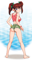 Rule 34 | 1girl, ass, bakusou kyoudai let&#039;s &amp; go!!, bakusou kyoudai let&#039;s &amp; go!! max, barefoot, bracelet, denim, denim shorts, full body, genka ichien, highres, jewelry, looking at viewer, necklace, no bra, oogami marina, red hair, short shorts, shorts, solo, standing, sweatdrop, tank top, twintails, wristband
