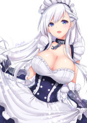 Rule 34 | 1girl, apron, artist name, azur lane, belfast (azur lane), blue dress, blue eyes, braid, breasts, buttons, chain, cleavage, collar, commentary request, corset, dress, dutch angle, frilled apron, frilled sleeves, frills, gloves, highres, large breasts, maid apron, maid headdress, open mouth, shibi, shiny skin, silver hair, simple background, smile, solo, swept bangs, turret, white apron, white background, white gloves