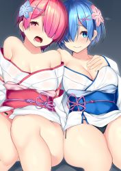 Rule 34 | 10s, 2girls, :o, arms at sides, bare shoulders, black background, black panties, blue eyes, blue hair, blunt bangs, blush, breasts, cleavage, closed mouth, collarbone, commentary request, detached sleeves, eyes visible through hair, fingernails, hair ornament, hair over one eye, hand on own chest, hand up, head tilt, highres, holding hands, japanese clothes, kimono, large breasts, long fingernails, long sleeves, looking at viewer, multiple girls, nebusoku, obi, off shoulder, oni, open mouth, panties, pantyshot, pink eyes, pink hair, ram (re:zero), re:zero kara hajimeru isekai seikatsu, rem (re:zero), sash, short hair, siblings, simple background, sisters, sitting, teeth, thighs, twins, underwear, upper teeth only, upskirt, white kimono, wide sleeves, x hair ornament