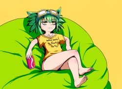 Rule 34 | 1girl, :3, animal ears, bare legs, barefoot, bean bag chair, can, casual, clothes writing, crossed legs, drink can, english text, feet, full body, goggles, goggles on head, green hair, gremlin (monster girl encyclopedia), looking away, monster girl encyclopedia, nav (itsnav), profanity, reclining, shirt, short hair, simple background, sitting, smile, soda can, solo, spiked hair, t-shirt, yellow background, yellow eyes, yellow shirt