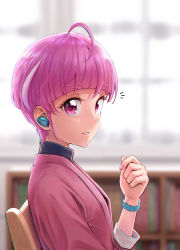 Rule 34 | 1girl, absurdres, aged up, ahoge, blunt bangs, blurry, blurry background, earphones, from side, highres, hoshina hikaru, itou shin&#039;ichi, long sleeves, looking at viewer, multicolored hair, nail polish, parted lips, pink eyes, pink hair, pink nails, pink shirt, precure, shirt, short hair, solo, star twinkle precure, streaked hair, upper body, watch, wireless earphones, wristwatch