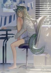 Rule 34 | 1girl, animal ears, bad id, bad pixiv id, bare legs, barefoot, blue shorts, bored, box, cardboard box, chair, dappled sunlight, dated, day, denim, denim shorts, empty eyes, from side, full body, green eyes, green hair, head rest, head tilt, highres, indoors, keyboard (computer), knee up, long hair, long sleeves, ookamisama, original, poster (object), room, shorts, signature, sitting, sleeves past wrists, solo, sunlight, sweater, swept bangs, table, tail, white sweater, window blinds, window shutter, wolf ears, wolf tail