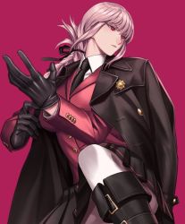 Rule 34 | 1girl, adjusting clothes, adjusting gloves, black gloves, boots, braid, fate/grand order, fate (series), florence nightingale (fate), gloves, jacket, jacket on shoulders, necktie, pink hair, red background, red eyes, simple background, skirt, solo, sora yoshitake yuda, white legwear