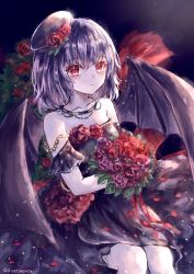 Rule 34 | 1girl, absurdres, alternate costume, alternate headwear, bare shoulders, bat wings, beret, black wedding dress, blue background, blush, bouquet, collarbone, commentary request, detached sleeves, dress, expressionless, feet out of frame, floral background, flower, gradient background, hair between eyes, hat, hat flower, highres, holding, holding bouquet, jewelry, light blush, looking at viewer, necklace, partial commentary, pearl necklace, purple flower, purple hair, purple rose, red eyes, red flower, red rose, remilia scarlet, rose, short hair, short sleeves, sitting, solo, suzushina, touhou, twitter username, wedding dress, wings