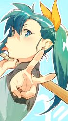 Rule 34 | 1girl, :p, baseball bat, bat (animal), blue background, blue eyes, blue hair, bow, bright pupils, hair bow, highres, holding, holding baseball bat, holding bat, long sleeves, looking at viewer, nonco, original, outline, shirt, solo, tongue, tongue out, upper body, white outline, white pupils, yellow bow