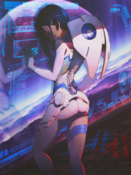 Rule 34 | 1girl, against wall, ass, blue hair, blue stripes, bob cut, bodysuit, breasts, commentary, darling in the franxx, dinocozero, english commentary, facing away, from behind, green eyes, hair ornament, hairclip, hand on wall, hill, holographic interface, ichigo (darling in the franxx), landscape, long bangs, looking down, pilot suit, planet, shaded face, short hair, small breasts, solo, standing, white bodysuit