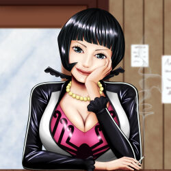 Rule 34 | 1girl, black eyes, black hair, bob cut, cigarette, commentary, cropped cardigan, hand on own cheek, hand on own face, highres, holding, holding cigarette, jewelry, long sleeves, looking at viewer, mitsuki32, necklace, one piece, pink shirt, shakuyaku (one piece), shirt, smile, solo