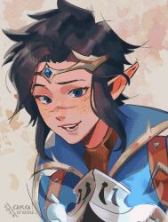 Rule 34 | 1girl, 2023, akairosu, armor, black hair, blue eyes, blue shirt, brown shirt, commentary, english commentary, freckles, highres, jewelry, looking at viewer, official alternate costume, open mouth, overwatch, overwatch 2, pointy ears, scar, scar on face, scar on nose, shirt, simple background, smile, solo, tracer (overwatch), upper body
