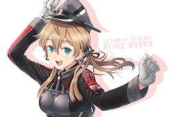 Rule 34 | 1girl, :d, anchor hair ornament, anchor necklace, blonde hair, character name, cross, drop shadow, gloves, green eyes, hair between eyes, hair ornament, hand up, hat, iron cross, itou (onsoku tassha), kantai collection, long sleeves, looking at viewer, medium hair, military, military hat, military uniform, necklace, open mouth, prinz eugen (kancolle), simple background, smile, solo, teeth, uniform, upper body, upper teeth only, white background, white gloves