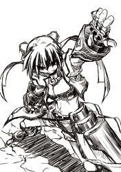 Rule 34 | 00s, 1girl, armor, armored boots, bad id, bad pixiv id, boots, breasts, cleavage, gauntlets, greyscale, long hair, lyrical nanoha, mach caliber, mahou shoujo lyrical nanoha, mahou shoujo lyrical nanoha strikers, monochrome, navel, outstretched arm, revealing clothes, revolver knuckle, simple background, solo, stomach, subaru nakajima, twintails, very long hair, white background, yuuka (o.t.kingdom)