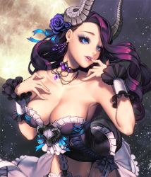 Rule 34 | 1girl, alternate costume, arched back, bare shoulders, bent over, blue eyes, breasts, card (medium), chaos online, choker, cleavage, collarbone, cowboy shot, demon girl, demon horns, earrings, eyeshadow, female focus, finger to mouth, fishnets, flower, frilled thighhighs, frills, full moon, garter straps, hair flower, hair ornament, hair ribbon, horns, jewelry, large breasts, lips, long hair, love cacao, lucifer (chaos online), makeup, moon, official art, parted lips, purple hair, ribbon, smile, solo, thighhighs