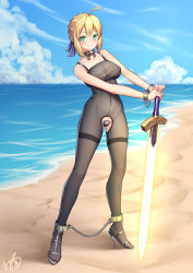 Rule 34 | 1girl, absurdres, ahoge, ankle cuffs, artoria pendragon (all), artoria pendragon (fate), beach, bell, black choker, black ribbon, blonde hair, bodysuit, breasts, chain, choker, cloud, cuffs, day, excalibur (fate/stay night), fate/stay night, fate (series), full body, green eyes, high heels, highres, large breasts, looking at viewer, nail polish, neck bell, nipples, ocean, revealing clothes, ribbon, ribbon choker, saber (fate), sand, sandals, see-through, short hair, signature, smile, solo, standing, sword, weapon, xiaoxi0619