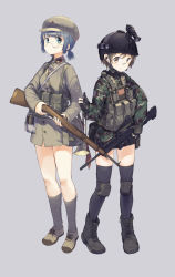 Rule 34 | 2girls, absurdres, assault rifle, blue hair, bolt action, brown eyes, brown hair, bugle, bullpup, camouflage, china, chinese commentary, glasses, gloves, green eyes, gun, hat, helmet, highres, holding, holding gun, holding weapon, instrument, knee pads, load bearing vest, military, military uniform, multiple girls, original, partially fingerless gloves, ponytail, rifle, short hair, simple background, thighhighs, thumbs up, uniform, weapon, weapon request, zhongye yu