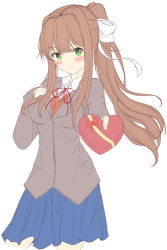 Rule 34 | &gt;:), 1girl, absurdres, blazer, blue skirt, blush, bow, box, breasts, brown hair, closed mouth, collared shirt, cowboy shot, doki doki literature club, gift, gift box, giving, green eyes, grey jacket, hair bow, hair intakes, hand on own chest, heart-shaped box, highres, holding, holding gift, incoming gift, jacket, littlehobby, long hair, long sleeves, looking at viewer, medium breasts, monika (doki doki literature club), neck ribbon, pleated skirt, ponytail, red ribbon, ribbon, school uniform, shirt, sidelocks, simple background, skirt, smile, solo, standing, v-shaped eyebrows, valentine, vest, white background, white bow, white shirt, wing collar