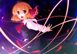 Rule 34 | 1girl, ahoge, aosuke (ayakawa akito), arms behind back, ayakawa akito, blonde hair, dress shirt, embodiment of scarlet devil, fang, female focus, hair ribbon, light particles, light trail, long sleeves, looking at viewer, necktie, night, open hand, open mouth, orange hair, outstretched arms, red eyes, ribbon, rumia, shirt, short hair, skirt, sky, solo, star (sky), starry sky, tongue, touhou, vest