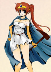Rule 34 | 1girl, aged up, blue eyes, blush, breasts, brown hair, cape, chunsoft, cleavage, colorized, cosplay, dragon quest, dragon quest iii, elbow gloves, enix, frapowa, gloves, large breasts, long hair, lyrical nanoha, mahou shoujo lyrical nanoha, mahou shoujo lyrical nanoha strikers, sage (dq3), sage (dq3) (cosplay), simple background, smile, solo, staff, takamachi nanoha