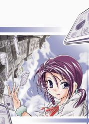 Rule 34 | 1girl, blue eyes, bracelet, building, card, close-up, cloud, day, executional, floating card, floating card, jewelry, mint, purple eyes, purple hair, sky, smile, solo