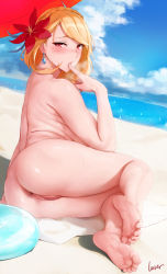 Rule 34 | 1girl, absurdres, anus, artist name, ass, azur lane, back, barefoot, beach, blonde hair, blue sky, blush, braid, breasts, commentary request, crown braid, day, earrings, feet, finger to mouth, flower, foreshortening, hair flower, hair ornament, has bad revision, has censored revision, highres, jewelry, large breasts, laserflip, legs, looking at viewer, looking back, nude, ocean, open mouth, outdoors, prince of wales (azur lane), pussy, red eyes, short hair, signature, sitting, sky, soles, solo, swept bangs, thighs, toe scrunch, toes, towel, uncensored