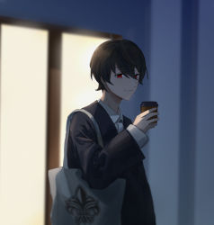 Rule 34 | 1boy, absurdres, ahoge, bad id, bad pixiv id, bag, brown hair, closed mouth, coffee, coffee cup, cup, disposable cup, ensemble stars!, film grain, fleur-de-lis, highres, holding, holding cup, looking at viewer, male focus, night, outdoors, red eyes, sakuma ritsu, smile, solo, tokyo bay seal, white bag
