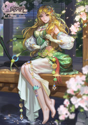 Rule 34 | 1girl, barefoot, blonde hair, breasts, brown eyes, cleavage, copyright name, dated, detached sleeves, floral print, flower, gloves, hair ornament, highres, long hair, looking at viewer, medium breasts, midriff, official art, original, parted lips, ripples, romance of the three kingdoms, sitting, solo, water, weibo watermark, white gloves, xiaji