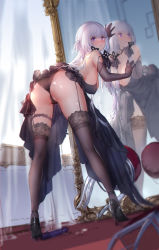 Rule 34 | 1girl, against mirror, artist name, ass, azur lane, backless outfit, bare shoulders, black dress, black footwear, black gloves, black ribbon, black thighhighs, blush, breasts, cleavage, commentary request, covered erect nipples, dildo, dress, elbow gloves, from behind, garter straps, gloves, hair ribbon, hanging breasts, high heels, highres, illustrious (azur lane), indoors, lace, lace-trimmed legwear, lace-trimmed panties, lace trim, large breasts, long hair, mirror, open mouth, panties, partially visible vulva, purple eyes, reflection, ribbon, sex toy, signature, solo, standing, strap slip, swd3e2, sweat, thighhighs, thighs, tress ribbon, underwear, white hair