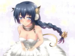 Rule 34 | 1girl, animal ears, bare shoulders, blue eyes, blue hair, blush, braid, breasts, bride, cat ears, cat girl, cat tail, cleavage, closed mouth, collar, commentary request, dress, karulau, large breasts, long hair, metal collar, rody (hayama yuu), smile, solo, tail, utawarerumono, wedding dress, white dress