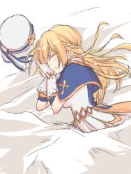 Rule 34 | 1girl, blonde hair, blue capelet, blush, braid, capelet, closed eyes, closed mouth, commentary request, dress, french braid, gloves, hat ornament, highres, long hair, pillbox hat, ragnarok masters, ragnarok online, saint (ragnarok masters), sketch, sleeping, solo, star (symbol), star hat ornament, tomo-graphy, under covers, upper body, white dress, white gloves, white headwear