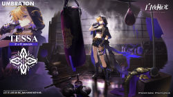 Rule 34 | 1girl, alchemy stars, artist request, bag, belt, black footwear, black gloves, black shorts, blonde hair, boots, bottle, boxing gloves, boxing ring, breasts, candy, ceiling light, championship belt, character name, cloak, coin, colored tips, commentary request, company name, copyright name, copyright notice, crop top, duffel bag, dumbbell, english text, fingerless gloves, fishnet pantyhose, fishnets, food, food in mouth, full body, glass bottle, gloves, highres, holding, holding bottle, hood, hood up, hooded cloak, kettlebell, lollipop, midriff, multicolored hair, nail polish, navel, official alternate costume, official art, pantyhose, promotional art, punching bag, purple eyes, purple hair, purple nails, rope, short hair, shorts, small breasts, solo, speed bag, tessa (alchemy stars), tile floor, tiles, zoom layer