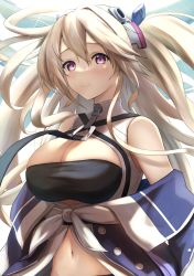 Rule 34 | 1girl, amano kusatsu, anchorage (azur lane), azur lane, bare shoulders, black neckwear, black shorts, blue coat, blush, breasts, brown hair, cleavage, closed mouth, coat, commentary request, floating hair, groin, hair between eyes, halo, headgear, highres, large breasts, light rays, long hair, long sleeves, looking at viewer, mechanical halo, midriff, navel, off shoulder, partial commentary, purple eyes, shirt, shorts, sidelocks, simple background, sleeveless, sleeveless shirt, smile, solo, standing, tied shirt, twintails, twitter username, upper body, very long hair, white background, white shirt