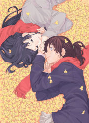 Rule 34 | 2girls, blue hair, brown hair, eye contact, flower, ginkgo tree, holding hands, long hair, looking at another, lying, multiple girls, mura (kanojo no oukoku), petals, red scarf, scarf, school uniform, smile, yuri