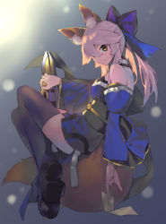Rule 34 | 1girl, absurdres, animal ear fluff, animal ears, bare shoulders, blue kimono, blue ribbon, blue thighhighs, breasts, detached sleeves, fate/extella, fate/extra, fate/grand order, fate (series), fox ears, fox girl, fox tail, hair ribbon, highres, japanese clothes, kaerude123, kimono, looking at viewer, looking to the side, medium breasts, mirror, pink hair, ribbon, solo, suiten nikkou amaterasu yanoshisu ishi, tail, tamamo (fate), tamamo no mae (fate/extra), thighhighs, yellow eyes