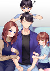 Rule 34 | 2boys, 2girls, :i, :t, absurdres, aged up, antenna hair, aqua shirt, arm hug, black hair, black shirt, blue eyes, blush, breasts, brown hair, brown sweater, casual, child, closed mouth, commentary, couch, couple, cowboy shot, eyebrows hidden by hair, eyelashes, family, father and daughter, father and son, forehead, frown, go-toubun no hanayome, grey background, hair between eyes, hair bobbles, hair ornament, hetero, highres, husband and wife, if they mated, jewelry, kurosaki coco, large breasts, long hair, long sleeves, looking at another, looking at viewer, low twintails, mother and daughter, mother and son, multiple boys, multiple girls, nakano miku, on couch, parted bangs, pout, ring, shirt, short hair, short twintails, signature, sitting, sleeves past wrists, sleeves rolled up, squiggle, sun, sweatdrop, sweater, turtleneck, turtleneck sweater, twintails, uesugi fuutarou, upturned eyes, v-shaped eyebrows, wedding ring, yellow eyes