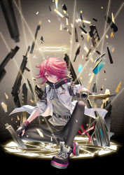 Rule 34 | 1girl, aiming, aiming at viewer, arknights, assault rifle, belt, exusiai (arknights), fingerless gloves, gloves, gun, hair over one eye, halo, highres, jacket, looking at viewer, magazine (object), magazine (weapon), open clothes, open jacket, pantyhose, red eyes, red hair, rifle, ruoruoqiuu, shoes, short hair, sneakers, solo, weapon, white jacket