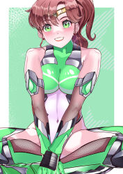 Rule 34 | 1girl, absurdres, arion canvas, bare shoulders, bishoujo senshi sailor moon, bodysuit, brown hair, circlet, covered navel, earrings, elbow gloves, flower earrings, gloves, green bodysuit, green eyes, hair bobbles, hair ornament, highres, impossible clothes, jewelry, kino makoto, lips, long hair, looking at viewer, medium hair, open mouth, ponytail, sailor jupiter, sidelocks, skin tight, smile, solo, taimanin (series), taimanin suit, thighhighs