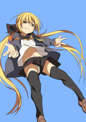 Rule 34 | 1girl, black cardigan, black sailor collar, black skirt, black thighhighs, blonde hair, blue background, blush stickers, brown footwear, cardigan, commentary request, fu-ta, kantai collection, long hair, long sleeves, low twintails, navel, neckerchief, panties, pleated skirt, sailor collar, satsuki (kancolle), satsuki kai ni (kancolle), shoes, short shorts, shorts, simple background, skirt, smile, solo, thighhighs, twintails, underwear, upshorts, white panties, yellow eyes, yellow neckerchief