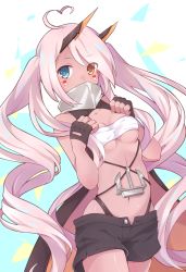 Rule 34 | 1girl, ahoge, anchor, azur lane, bandeau, bare shoulders, black gloves, black shorts, black vest, blue background, blue eyes, blush, breasts, collar, covered mouth, covering own mouth, cowboy shot, dark-skinned female, dark skin, facepaint, fingerless gloves, gloves, hands on own chest, headgear, heart, heart ahoge, heterochromia, highres, indianapolis (azur lane), long hair, looking at viewer, medium breasts, navel, open clothes, open fly, open vest, orange eyes, pink hair, sawara (starligtvision), shorts, skindentation, sleeveless, solo, standing, stomach, swept bangs, thong, twintails, underboob, very long hair, vest
