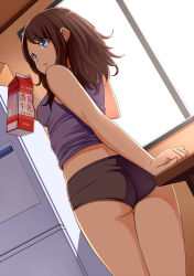 Rule 34 | 1girl, :o, ass, blue eyes, brown hair, from behind, holding, legs, long hair, looking back, milk carton, open mouth, original, pinkwaters, short shorts, shorts, sleeveless, solo, table, tank top, window