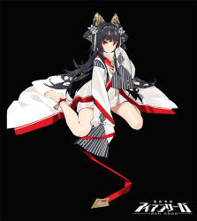 Rule 34 | 1girl, ankle ribbon, bare legs, barefoot, bell, black background, blunt bangs, blush, closed mouth, copyright name, dress, full body, hair ribbon, hand up, iron saga, kishiyo, leg ribbon, long hair, long sleeves, looking at viewer, official art, red eyes, red ribbon, ribbon, simple background, sitting, sleeves past fingers, sleeves past wrists, solo, sweater, sweater vest, tassel, tsurime, turtleneck, turtleneck sweater, very long hair, wariza, white dress, white ribbon, wide sleeves