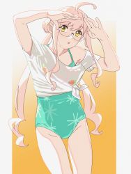 Rule 34 | 1girl, absurdres, aqua one-piece swimsuit, blouse, crop top, double bun, glasses, hair bun, highres, kantai collection, long hair, looking at viewer, low twintails, makigumo (kancolle), official alternate costume, ojipon, one-piece swimsuit, parted lips, pink hair, shading eyes, shirt, side-tie skirt, sidelocks, simple background, solo, swimsuit, twintails, white shirt, yellow eyes