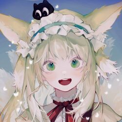 Rule 34 | 1girl, animal ears, arknights, blonde hair, blue hairband, commentary, extra ears, fox ears, fox girl, frilled hairband, frills, gouhuozai, green eyes, hairband, heixiu, highres, looking at viewer, luo xiaohei zhanji, neck ribbon, open mouth, portrait, red ribbon, ribbon, round teeth, shirt, solo, straight-on, suzuran (arknights), teeth, upper teeth only, white shirt