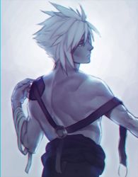 Rule 34 | 1boy, back, back focus, bandaged arm, bandages, blonde hair, cloud strife, final fantasy, final fantasy vii, from behind, grey background, hollyfig, muscular, muscular male, muted color, solo, spiked hair, square enix, suspenders, topless male, upper body