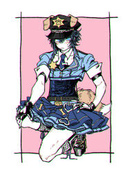 Rule 34 | 1boy, animal ears, black footwear, black gloves, black hat, blue eyes, blue necktie, blue shirt, blue skirt, blush, bone, closed mouth, clothing cutout, collared shirt, commentary request, crop top, crossdressing, cuffs, dog boy, dog ears, dog tail, expressionless, eyes visible through hair, final fantasy, final fantasy xv, fingerless gloves, fishnet socks, fishnets, full body, gedougawa, gloves, grey hair, handcuffs, hat, heart cutout, heart handcuffs, long bangs, looking at viewer, male focus, necktie, noctis lucis caelum, on one knee, peaked cap, pink background, platform footwear, pleated skirt, police, police uniform, sheriff badge, shirt, short hair, simple background, skirt, socks, solo, tail, uniform, white background, white shirt