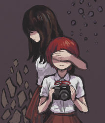Rule 34 | 2girls, black hair, brown hair, camera, closed mouth, collared shirt, commentary request, covering face, covering own eyes, danganronpa (series), danganronpa 2: goodbye despair, freckles, from side, hair over eyes, holding, holding camera, koizumi mahiru, long hair, multicolored hair, multiple girls, namu (nurui cha), neck ribbon, pale skin, red background, red ribbon, red skirt, ribbon, satou (danganronpa), shirt, short hair, short sleeves, simple background, skirt, upper body, white shirt