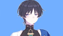 Rule 34 | 1boy, black hair, black shirt, blue background, blue cape, blue eyes, blunt ends, blush, cape, closed mouth, commentary, covered collarbone, english commentary, eyeshadow, genshin impact, gold necklace, hair between eyes, highres, jewelry, kyou 0120, looking afar, makeup, male focus, mandarin collar, necklace, no headwear, open clothes, open vest, red eyeshadow, scaramouche (genshin impact), shirt, short hair, short sleeves, simple background, sleeveless, sleeveless shirt, solo, standing, upper body, vest, wanderer (genshin impact), white vest