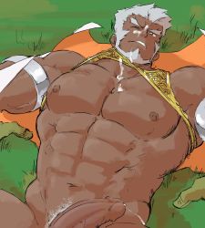 Rule 34 | 1boy, abs, armlet, bara, bare pectorals, beard, bouncing penis, chest harness, cowboy shot, cum, cum on body, cum on male, cum on pectorals, dark-skinned male, dark skin, ejaculation, erection, facial, facial hair, forest ledoyen, grass, grey hair, handsfree ejaculation, harness, highres, large pectorals, looking at viewer, lying, male focus, male pubic hair, mature male, muscular, muscular male, namco, navel, navel hair, nipples, nude, on back, one eye closed, pectorals, penis, piikeisandaa, pubic hair, short hair, solo, stomach, tales of (series), tales of the rays, tales of the tempest, thick eyebrows, uncensored