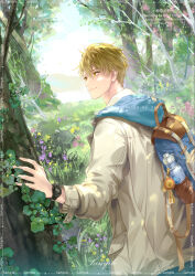 Rule 34 | 1boy, absurdres, backpack, bag, bishounen, blonde hair, blue bag, blue hood, bottle, brown jacket, bush, chinese commentary, closed mouth, clover, commentary request, cowboy shot, day, flower, forest, hair between eyes, happy, highres, hill, hood, hood down, hooded jacket, jacket, lake, long sleeves, looking at object, male focus, nakoluy, nature, outdoors, plant, pocket, purple flower, quan zhi gao shou, red flower, sample watermark, short hair, smile, solo, troubling rain, vines, watch, water bottle, watermark, wristwatch, yellow eyes, yellow flower