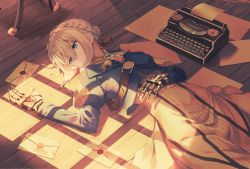 Rule 34 | 10s, 1girl, ascot, blonde hair, blue eyes, blue jacket, braid, brooch, commentary request, day, envelope, french braid, frown, hair between eyes, hair intakes, hair ribbon, hand on own stomach, highres, hopepe, indoors, jacket, jewelry, letter, lying, mechanical arms, mechanical hands, on back, paper, prosthesis, prosthetic arm, prosthetic hand, red ribbon, ribbon, single mechanical hand, solo, suitcase, typewriter, violet evergarden, violet evergarden (series), wax seal, white ascot, wooden floor