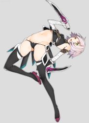 Rule 34 | backflip, bandages, black panties, black thighhighs, blush, boots, breasts, cameltoe, fate/apocrypha, fate (series), green eyes, groin, highres, jack the ripper (fate/apocrypha), knife, navel, open mouth, panties, simple background, sino42, small breasts, solo, thigh boots, thighhighs, underwear, white background, white hair