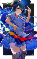Rule 34 | 1girl, absurdres, apron, arm up, back bow, black hat, bloomers, blue bow, blue hair, blue skirt, boots, bow, breasts, brown footwear, center frills, cowboy shot, dark-dead, frilled skirt, frills, from below, hat, highres, hinanawi tenshi, leaf hat ornament, long hair, looking at viewer, looking down, open mouth, peach hat ornament, puffy short sleeves, puffy sleeves, red eyes, shirt, short sleeves, skirt, small breasts, solo, thigh boots, touhou, underwear, very long hair, waist apron, white apron, white bloomers, white shirt